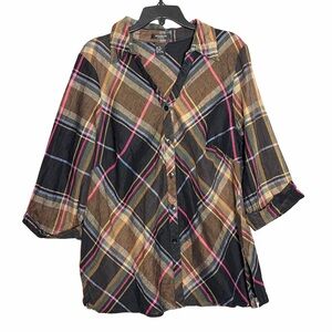Autograph Womens 1X 100% Linen Shirt Tunic Black Brown Plaid Button Up Lagenlook